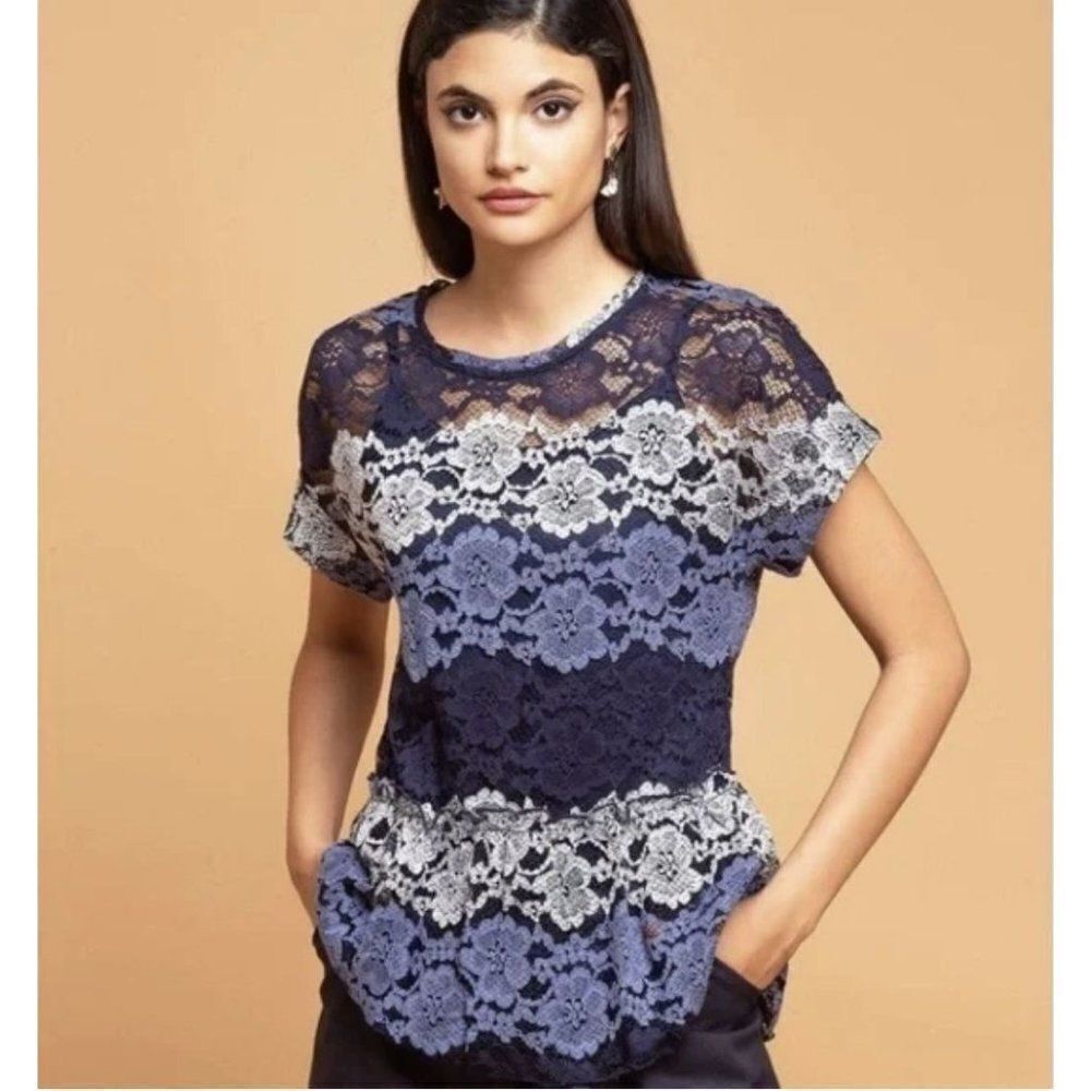 Eva Franco‎ Anthropologie Blue Lace Blouse Sheer Short Sleeve Peplum Size Medium